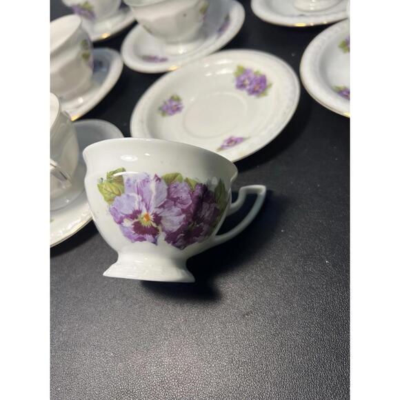 P.A.L.T. Czechoslovakia Vintage 1930s Violets Gold Trim 9 Sets Cups Saucers